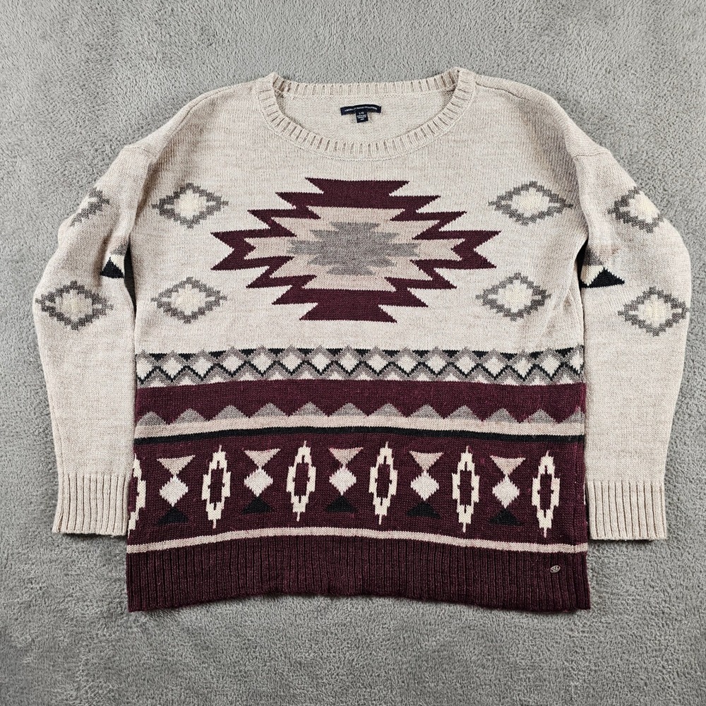 American Eagle Outfitters Mens L Southwestern Geometric Wool Blend Sweater Beige